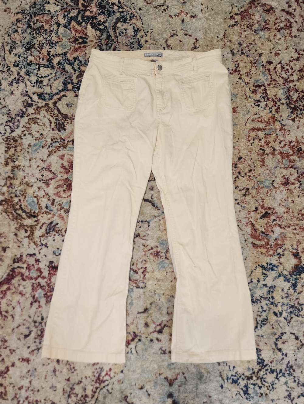 Chico’s Platinum Denim Jean Patch Pocket Stretch Pale Yellow Size 2.5 Short (14)
